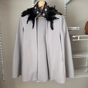 Wool-Blend Cape Coat with Feather Trim - Light Gray